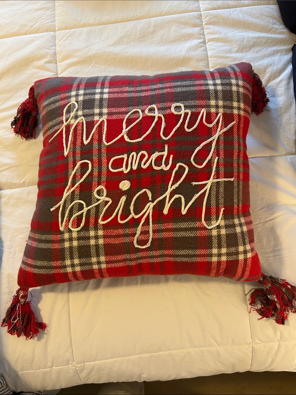 Merry and Bright Red Plaid Holiday Throw Pillow